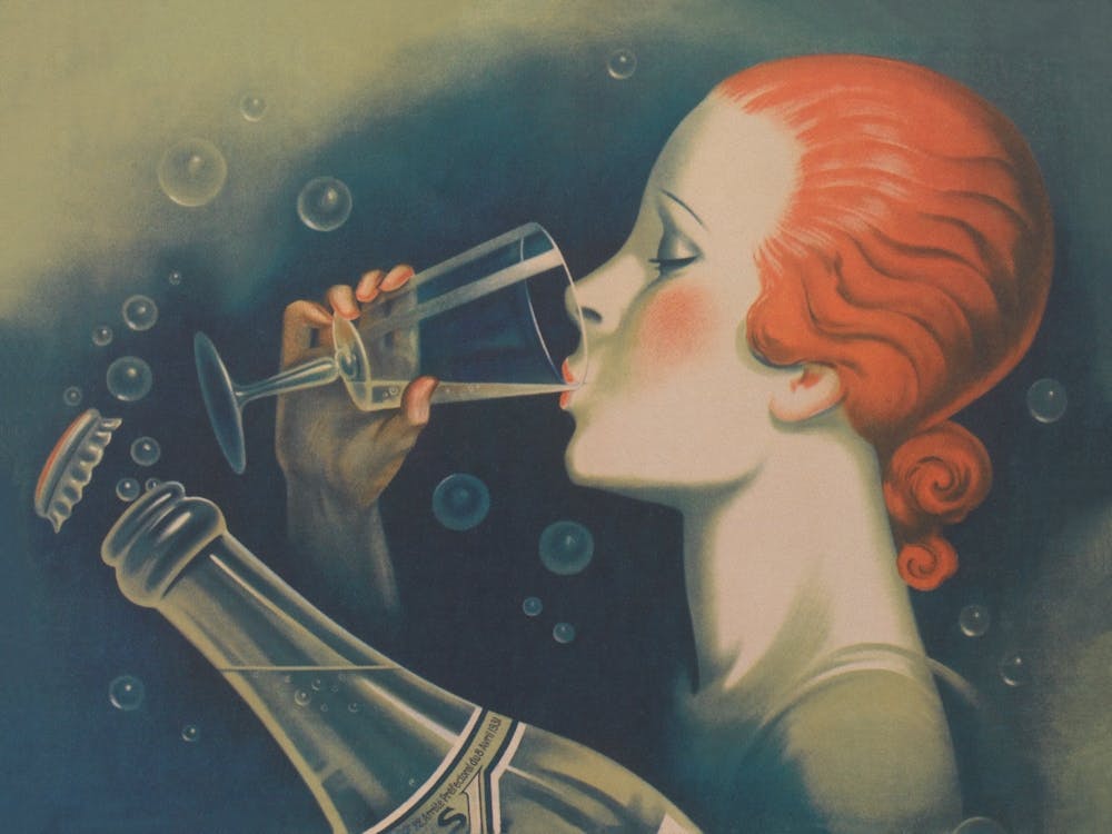Woman Drinking Sparkling Water Vintage Print