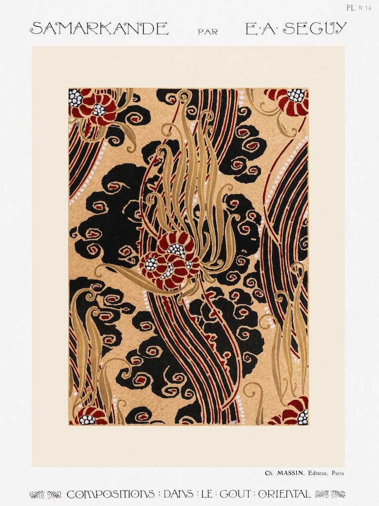 Motif Floral Art Déco Impression au Pochoir de Style Oriental, 1 Eugène Séguy