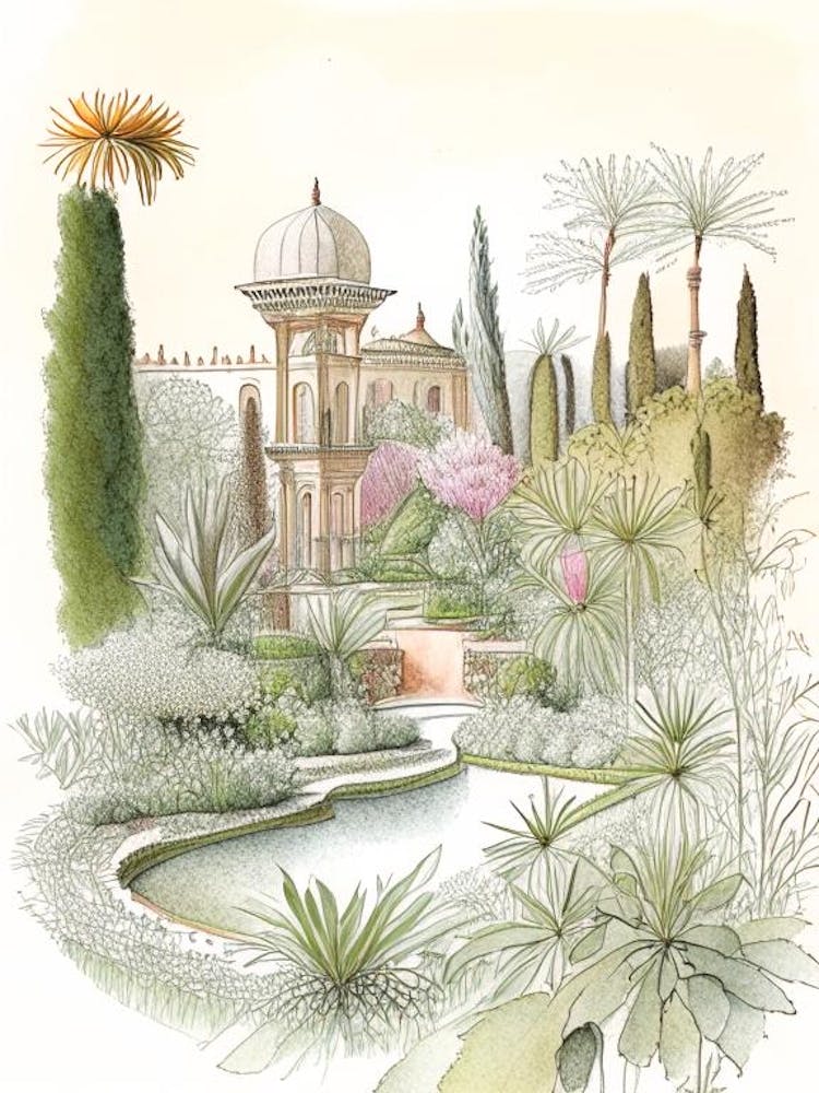 Jardins de l'Alhambra, Espagne Dessin au Crayon Vintage
