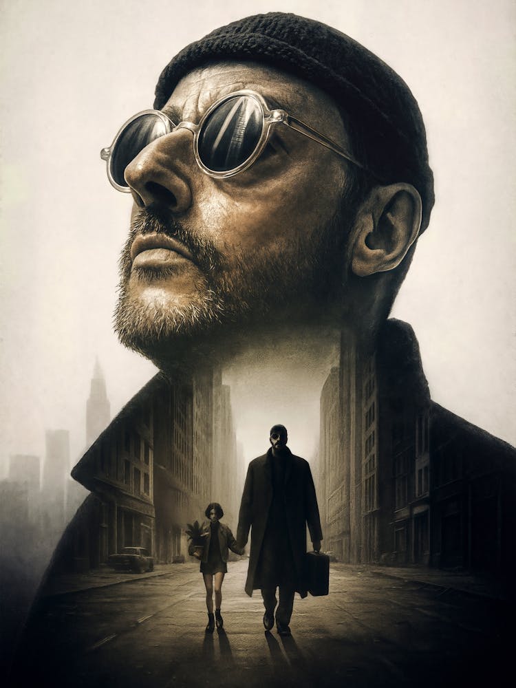 Léon the Professional Poster – Cult Movie Noir Art: A cinematic tribute to Léon the Professional with Jean Reno and Natalie Portman in iconic noir style. Featuring sunglasses, hitman energy, and double exposure design, this cult film poster blends Hollywo