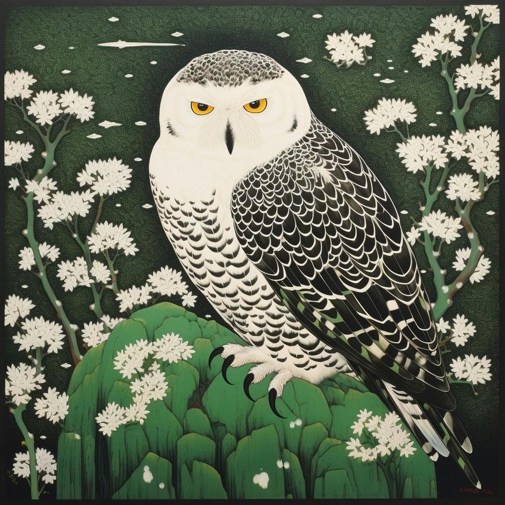 Ohara Koson Inspired Bird Painting Snowy Owl 1 Square