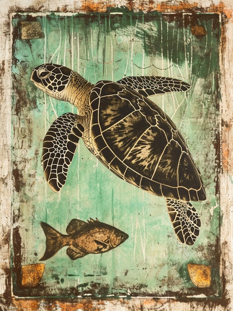 Vintage Scrapbook Sea Turtle With Fish