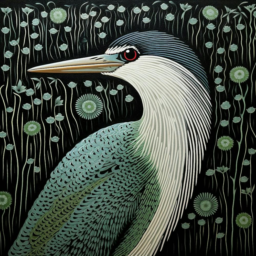 Ohara Koson Inspired Bird Painting Green Heron 1 Square