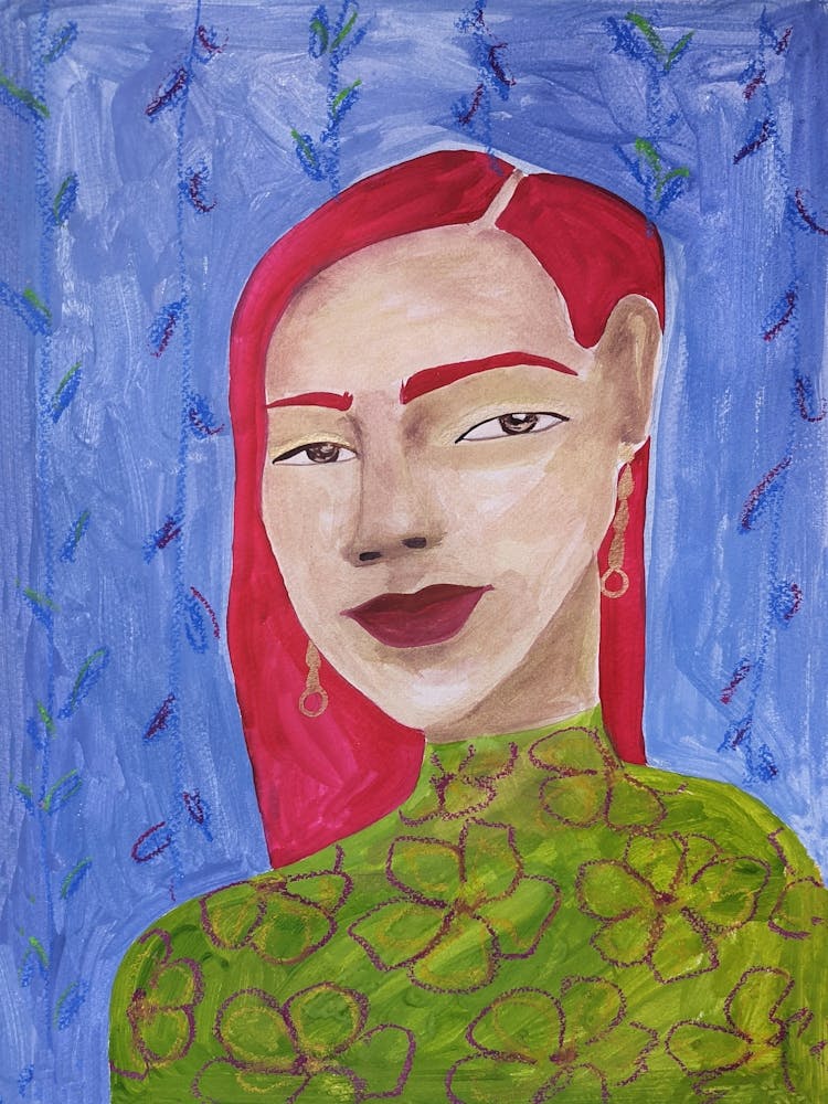 Acrylic painting of a woman with red hair on a blue background