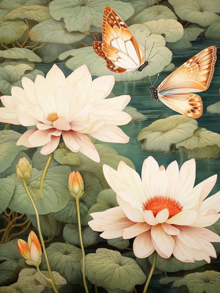 Butterflies & Waterlilies Japanese Style Painting 1
