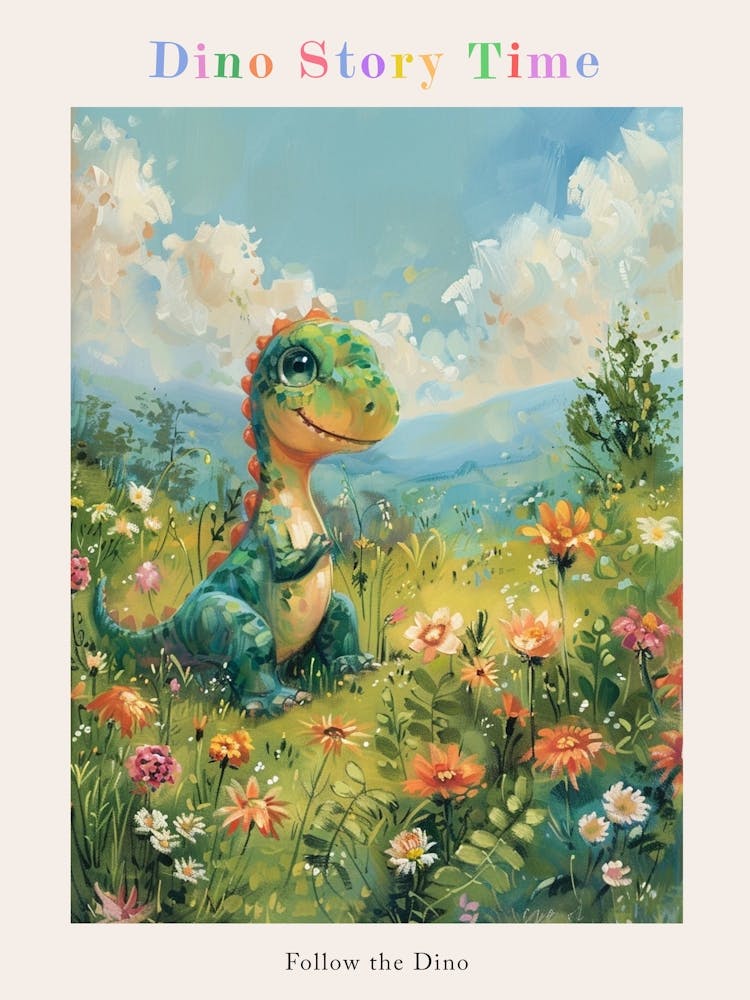 Cute Dinosaur In A Meadow Storybook Painting 1 Poster