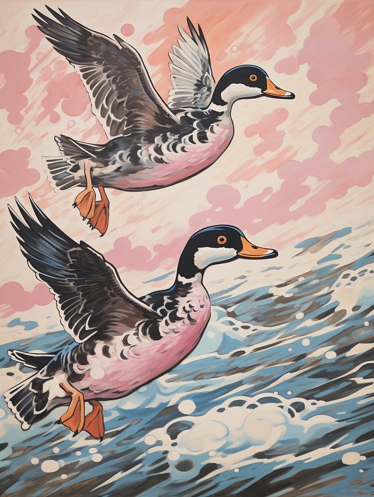 Vintage Japanese Inspired Bird Print Wood Duck 2