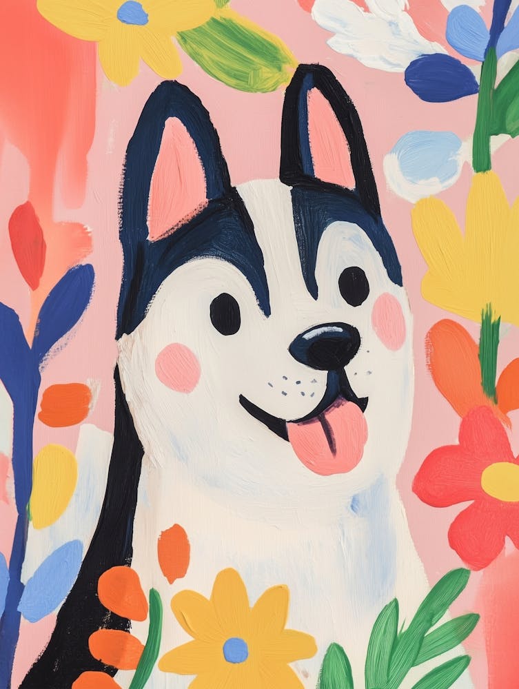 Happy Husky Dog Portrait Gouache Painting
