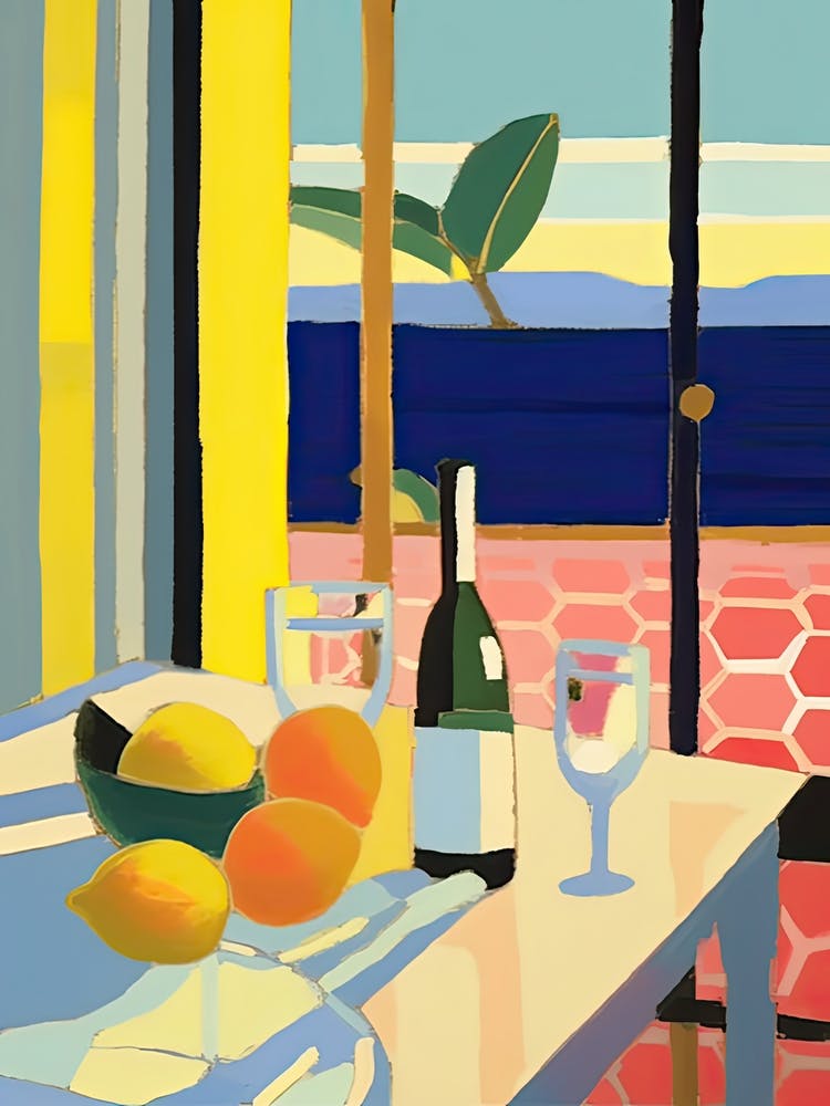 Painting Of A Lemons And Wine, Frenchch Riviera View, Checkered Cloth, Matisse Style 7