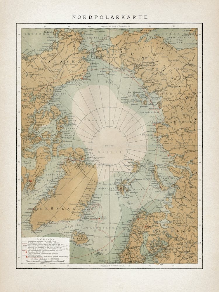 Vintage Brockhaus 7 Carte du Pôle Nord