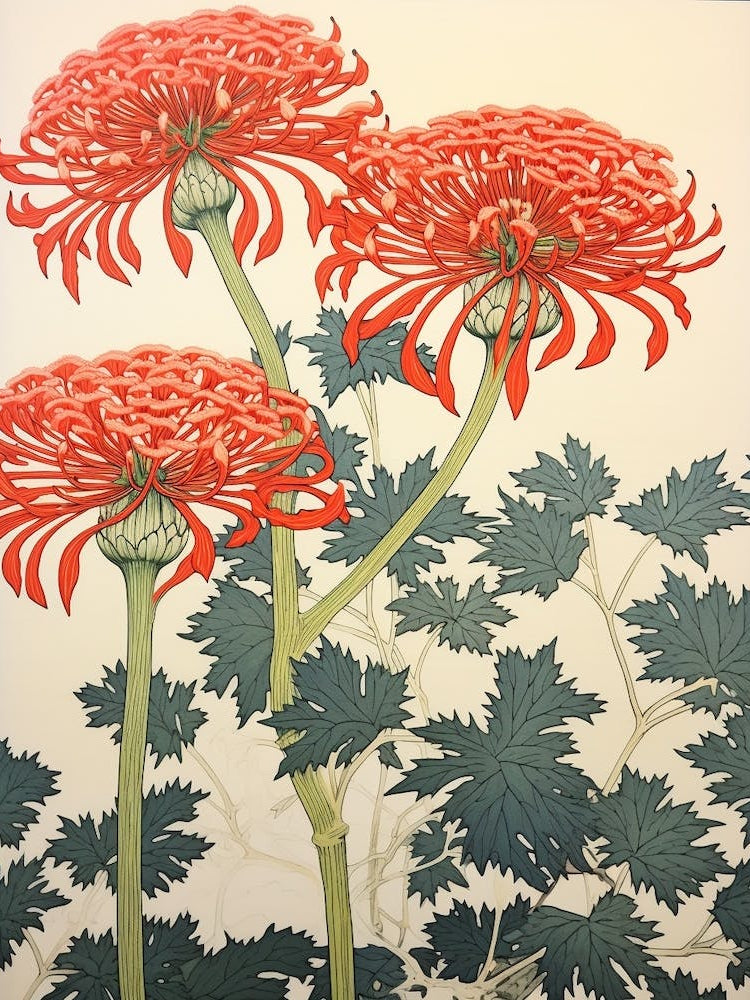 Higanbana Red Spider Lily 2 Vintage Botanical Woodblock