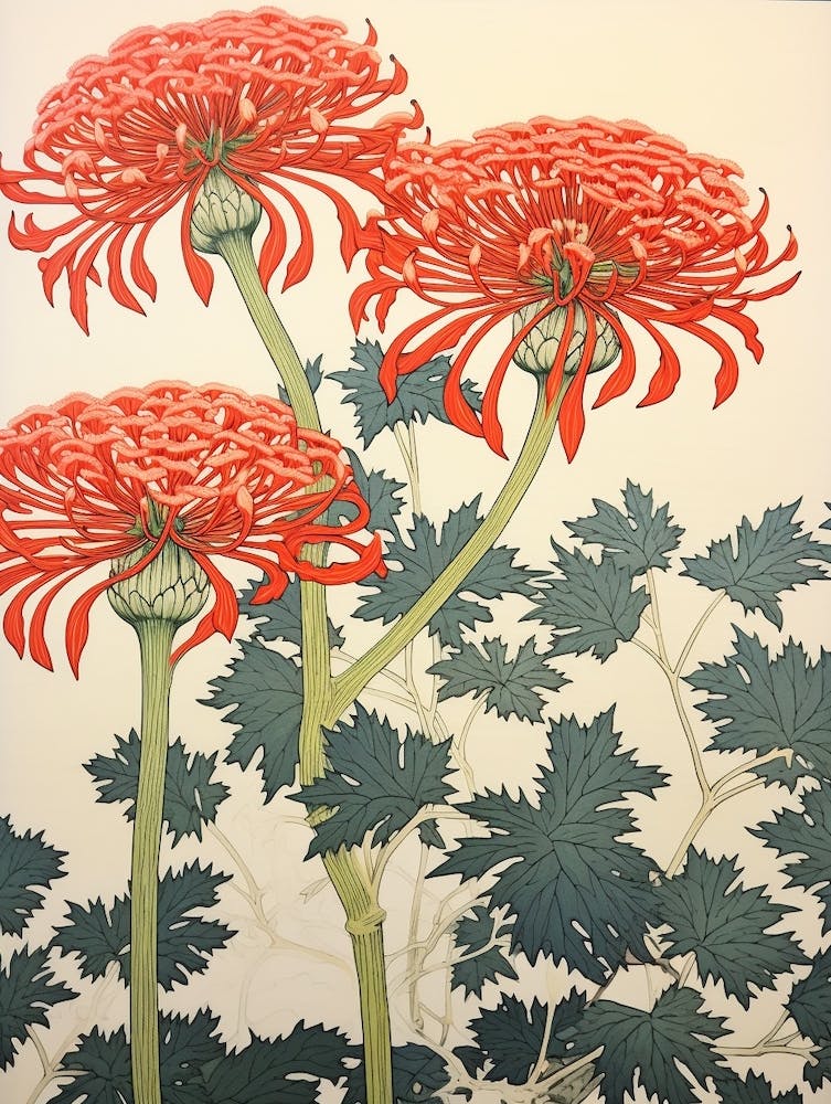 Higanbana Red Spider Lily 2 Vintage Botanical Woodblock