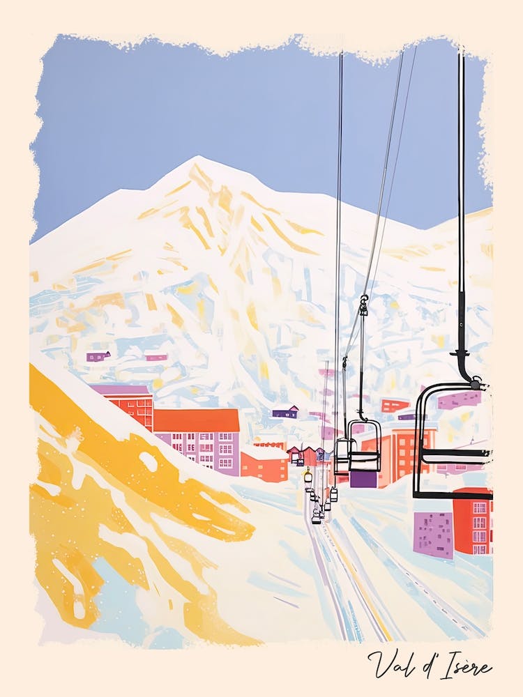 Poster Von Val D'Isere Frankreich, Skiresort Pastellfarben Illustration 2