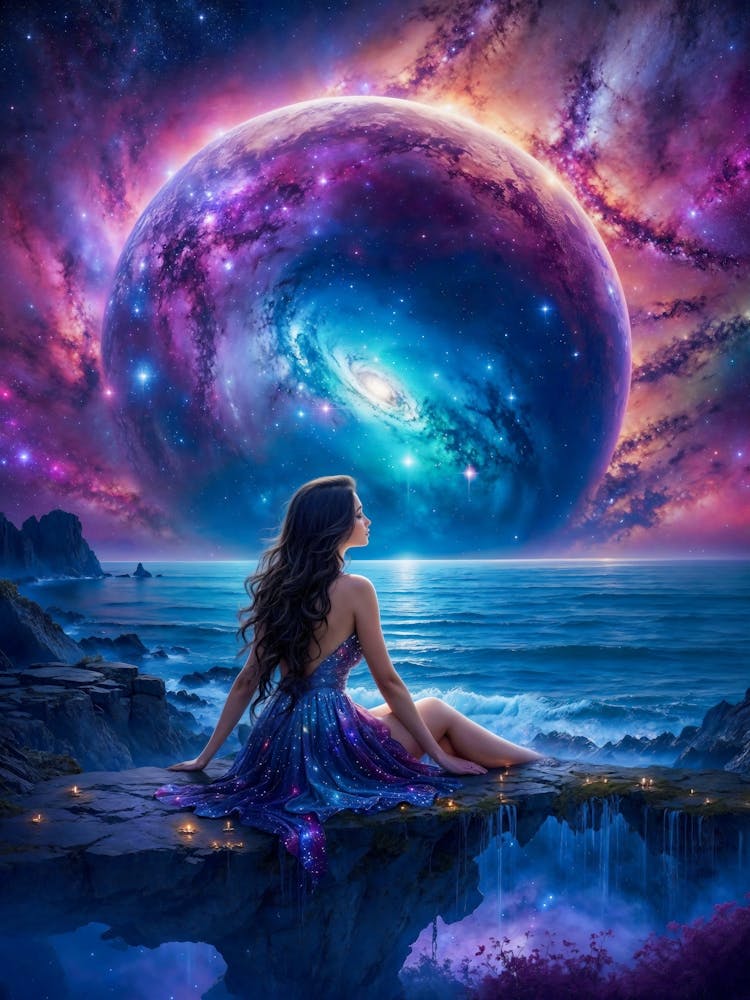 A fantasy girl gazes at a beautiful galaxy landscape with neon colors. The milky way and planets are visible in the interstellar universe. The sea of stars and nebula create a stunning cosmos.