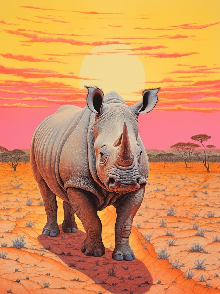 Rhino In The Sunset Realistic Illustration 3
