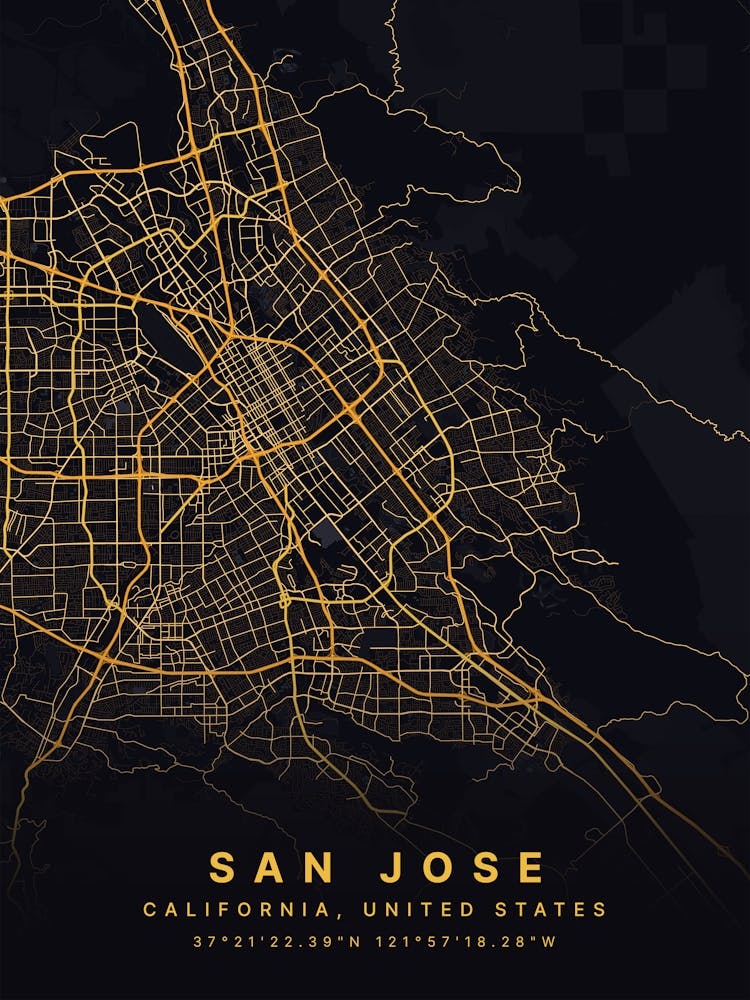 San Jose California USA Black And Gold Map
