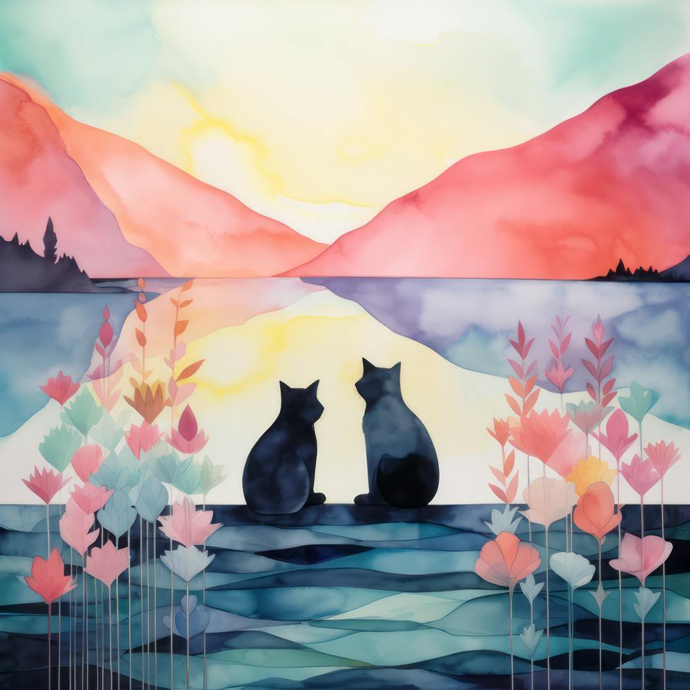 Cats Together At Lake Sunset