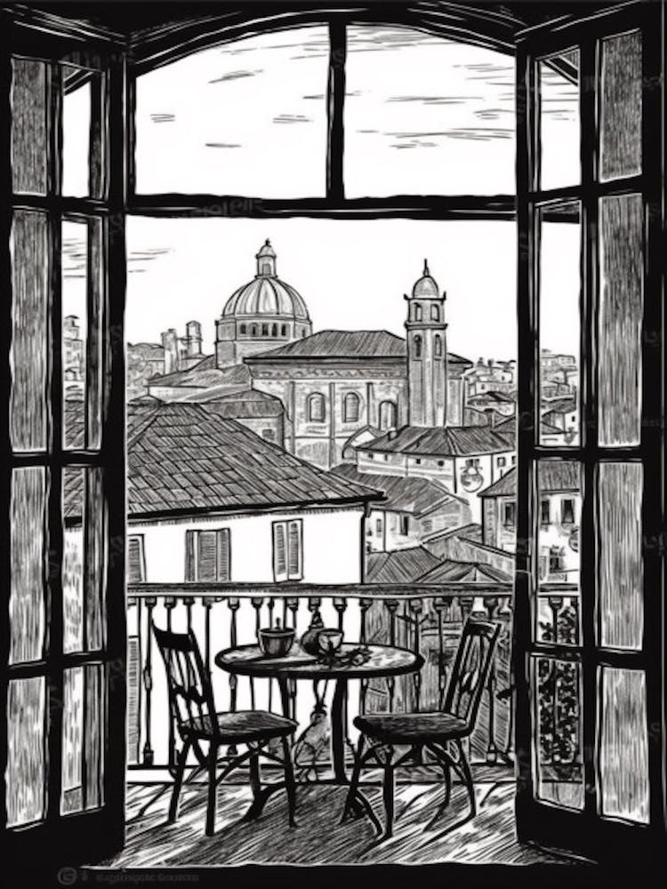 Une vue de fenêtre de Florence dans le style dessin au trait noir et blanc 4