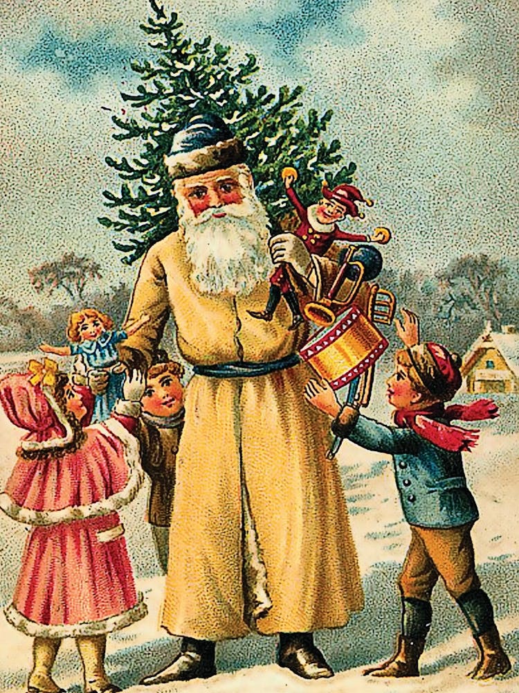 Vieux Père Noël Avec Des Jouets Et Un Sapin De Noël Entouré D'Enfants