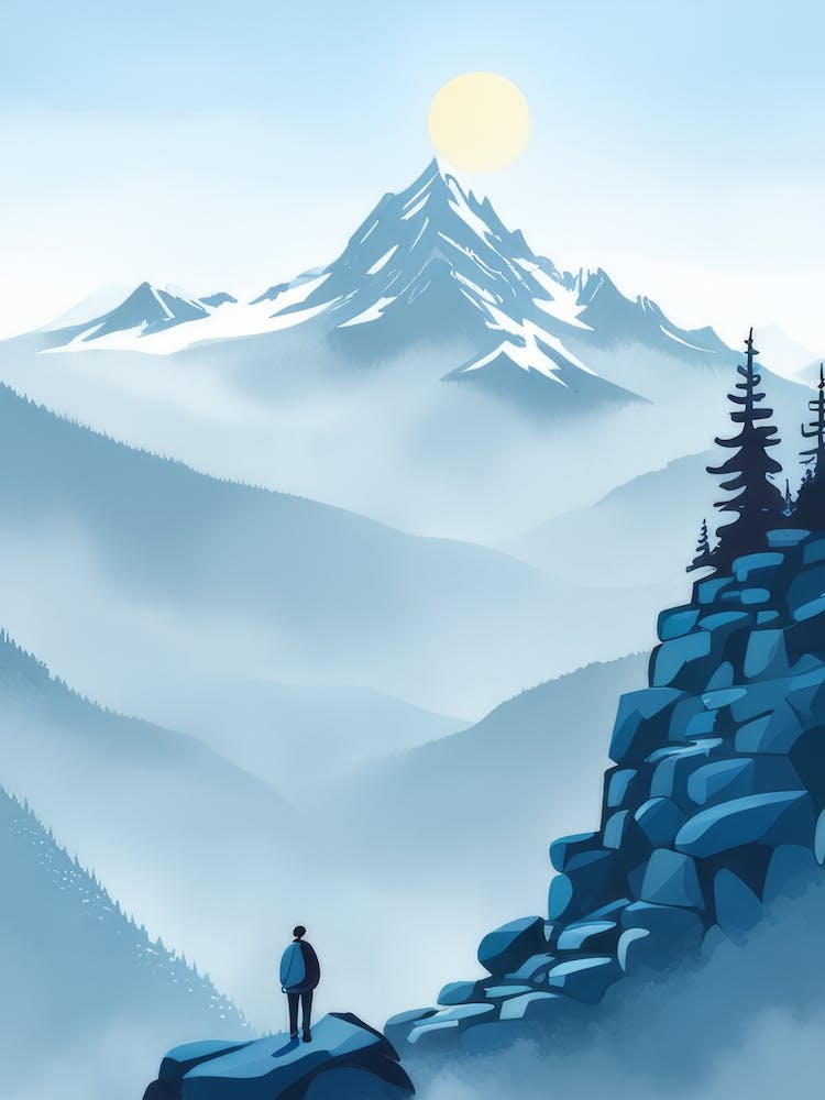 Lone Traveller Standing On A Rock Watching Sun In Sky Vast Mountain Valley