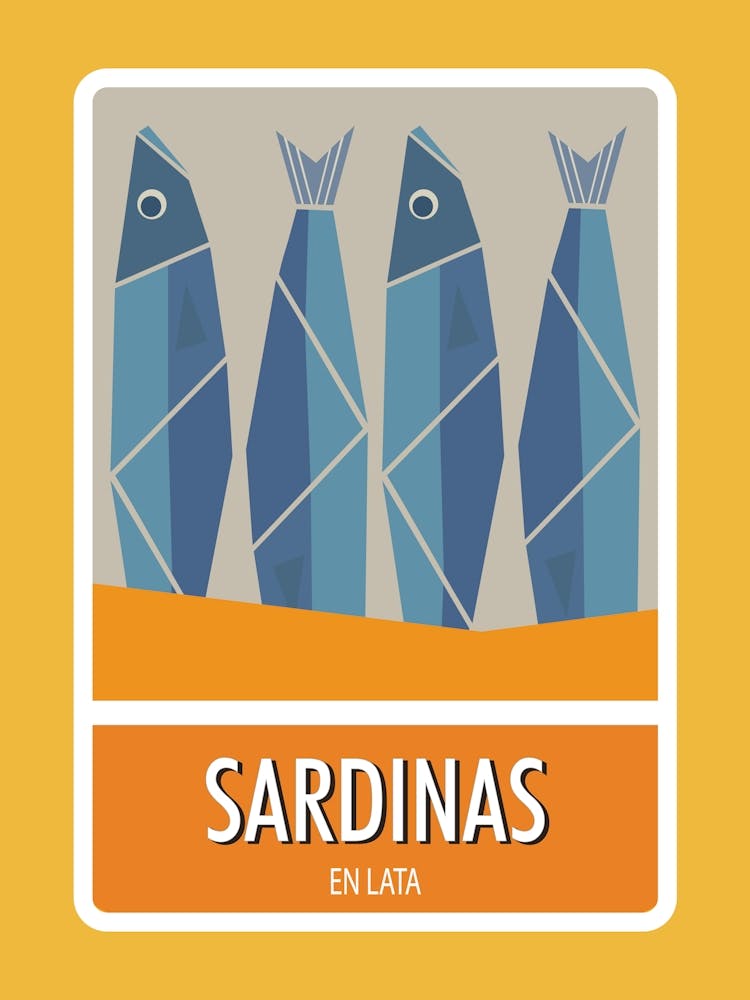 Sardines Print Yellow Pop Art Poster Retro Wall Art Fish Print Vintage Aesthetic Poster Food Illustration Mid Century Decor