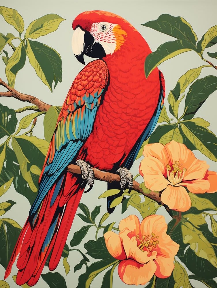 Vintage Bird Linocut Macaw 2