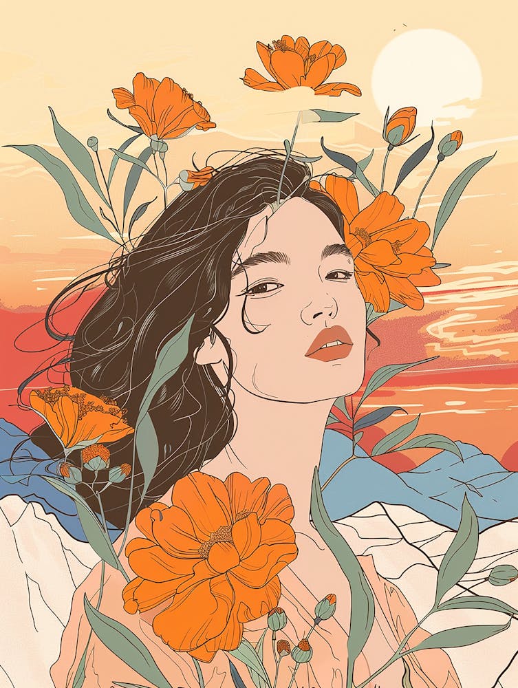 Fille Asiatique Dans Les Fleurs