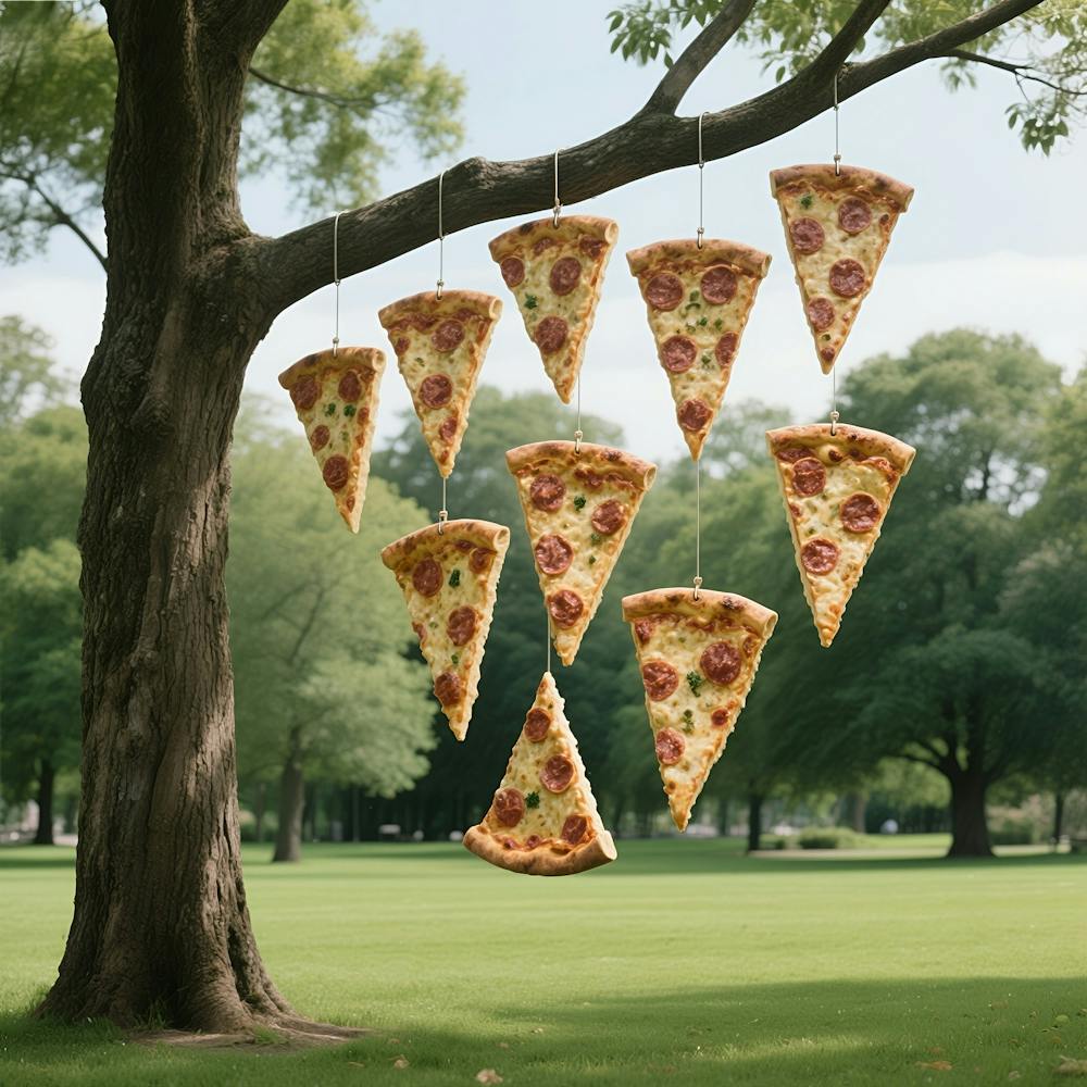 Pizza Slices Hanging From A Tree