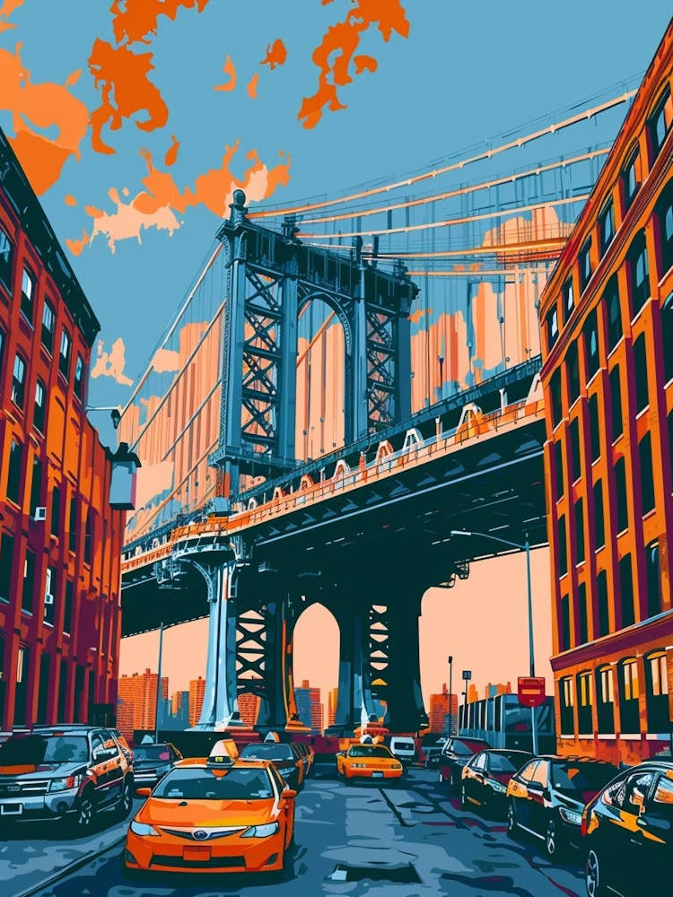 Dumbo Down Under The Manhattan Bridge Overpass Colourful Silkscreen Illustration 3