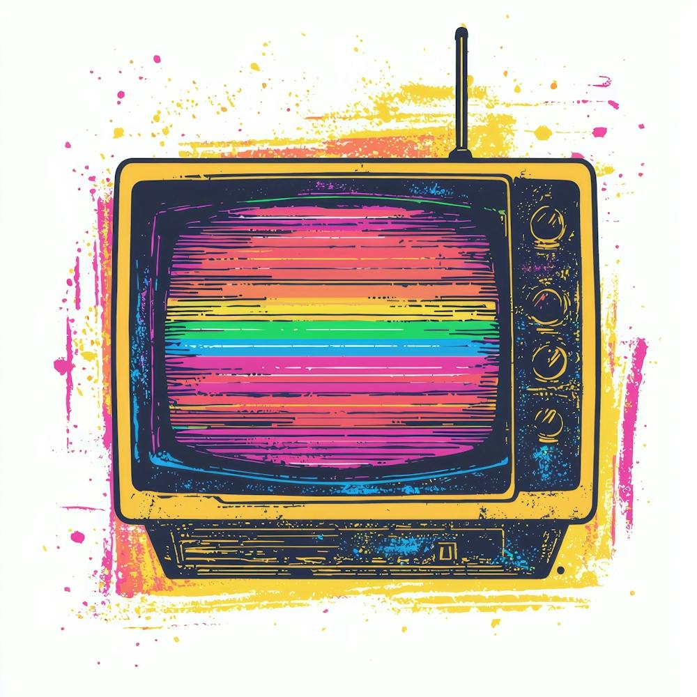 Popkultur-inspiriertes Retro-TV KI-generiert. Wand