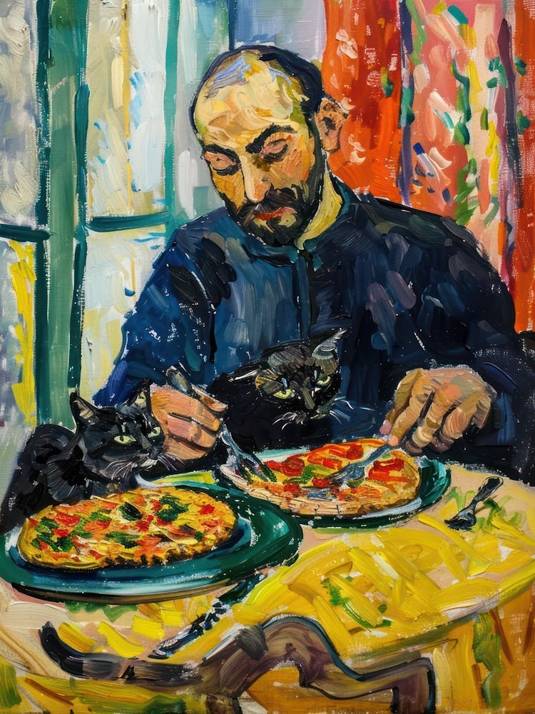 Portrait Of A Man With Cats Eating Pizza 2
