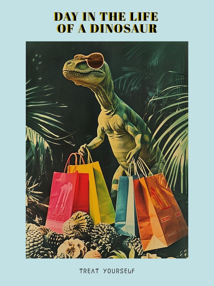 Dinosaur With Shopping Bags Retro Collage Poster