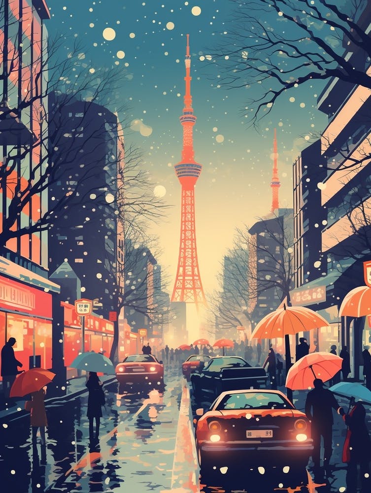 Winter Travel Night Illustration Tokyo Japan 1