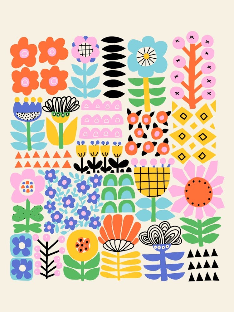Fröhliche bunte florale Gitter-Volkskunst-Blumen-Illustration
