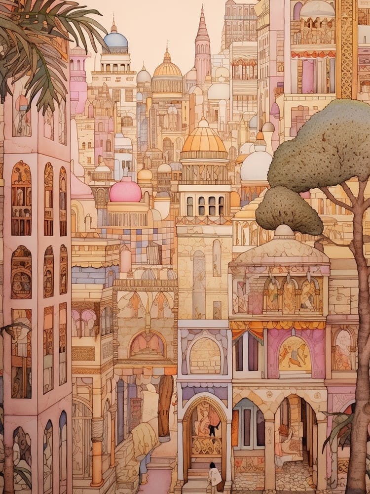 Cairo Egypt 2 Vintage Pink Travel Illustration