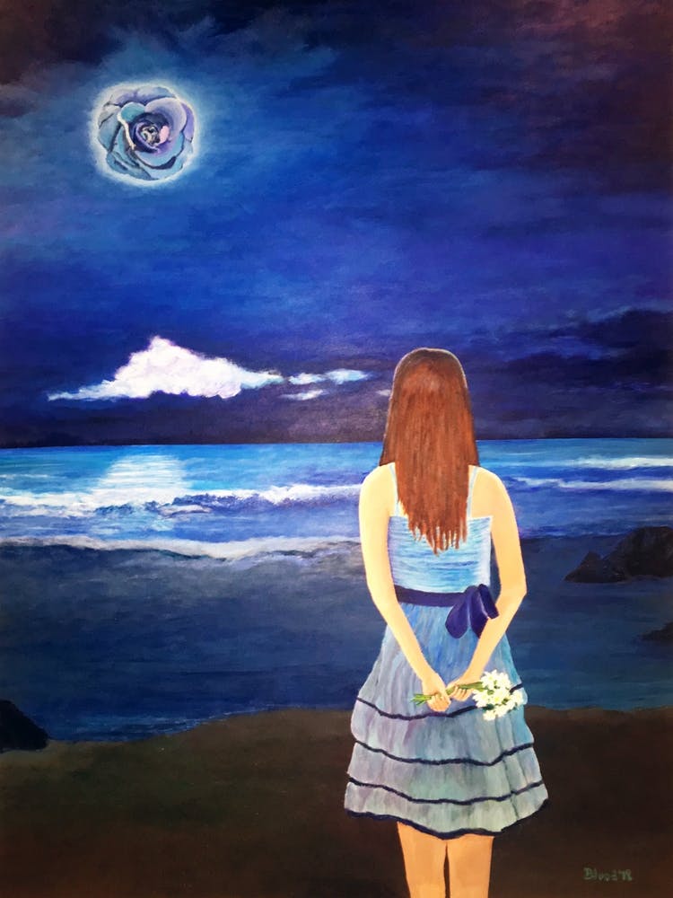 Once In A Blue Moon Girl On Beach At Night