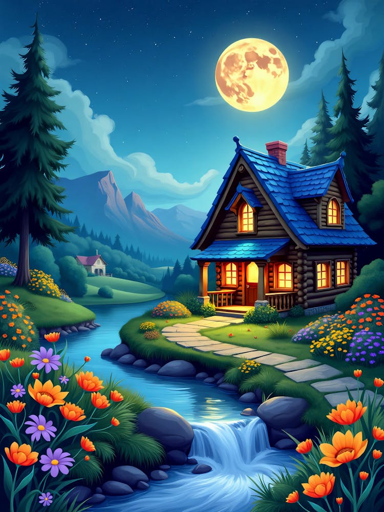 A Beautiful Wooden House Moon Night Landscape V 06