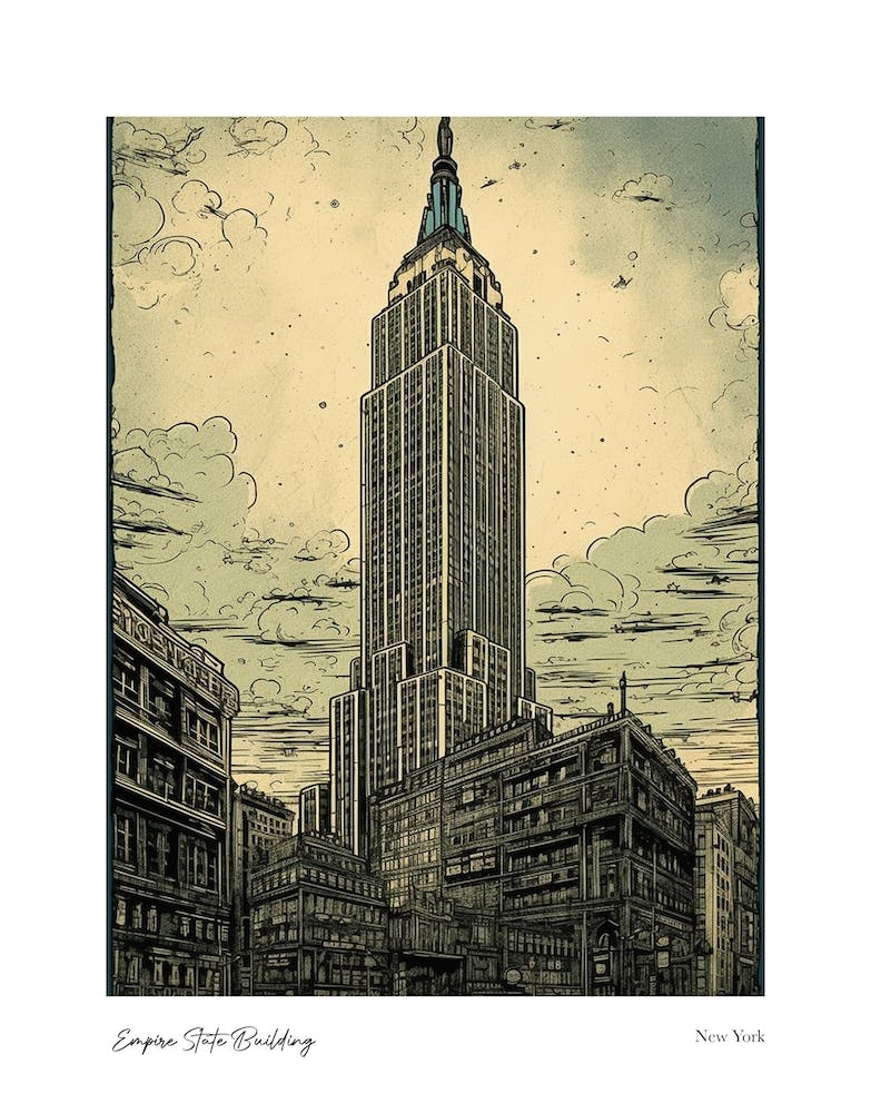 Empire State Building  New York Woodblock 3 Watercolour Travel Poster