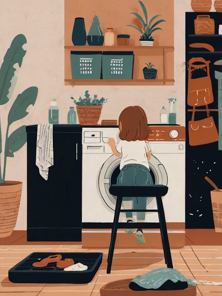 Illustration Of A Girl Washing Clothes