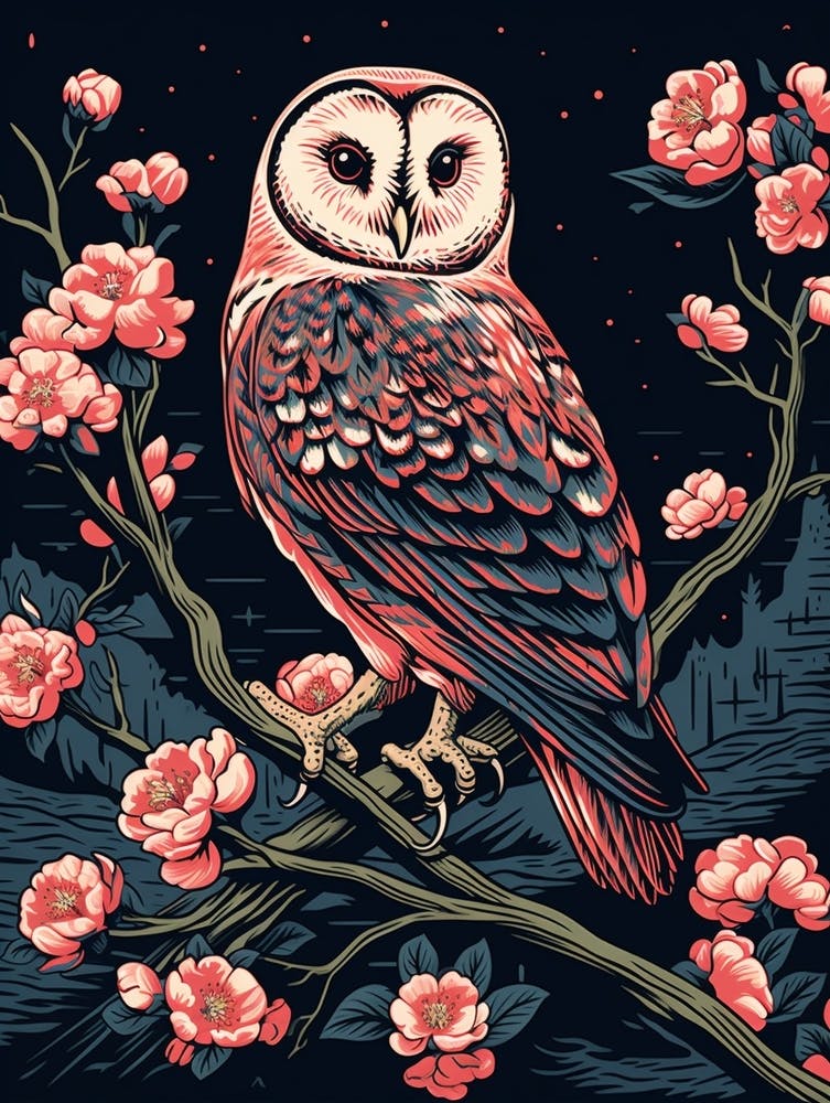 Vintage Bird Linocut Barn Owl 1
