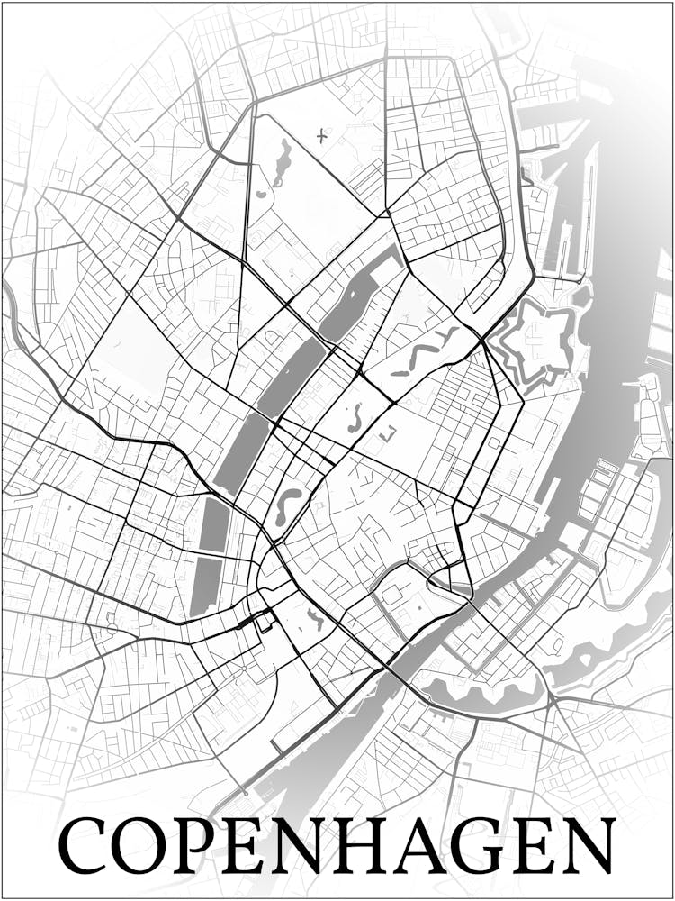 Copenhagen, Denmark, City Map, Black And White Fade Design