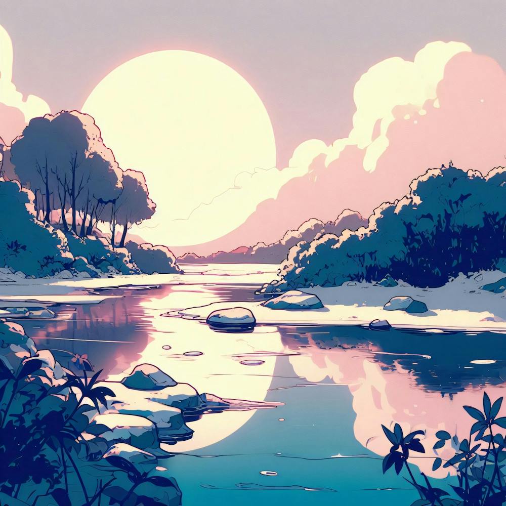Forest River Sun Art Painting Anime Nature Landscape Trees