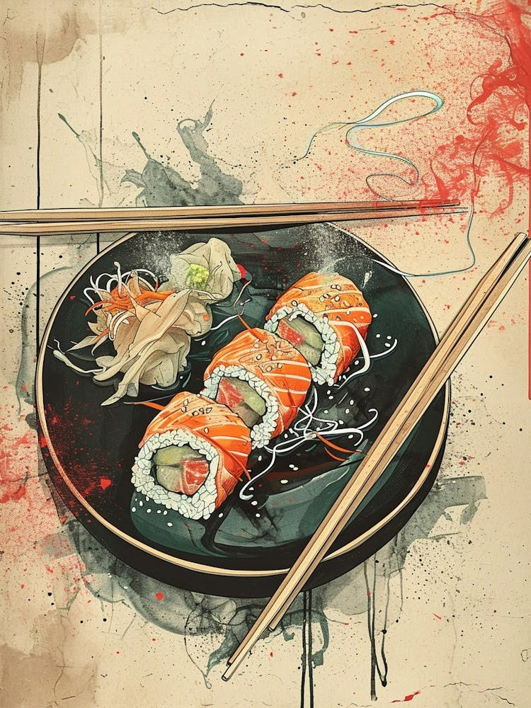 Sushi & Chopsticks Abstract Paint Drip Illustration