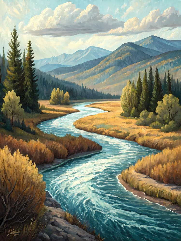 Ölgemälde-Stil Windende Flusslandschaft Ruhige Berge und Waldkunst