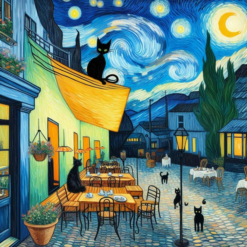 cafe terrace at night with cat