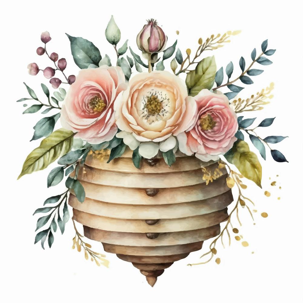 Bee Hive Elegance, Botanical Watercolor