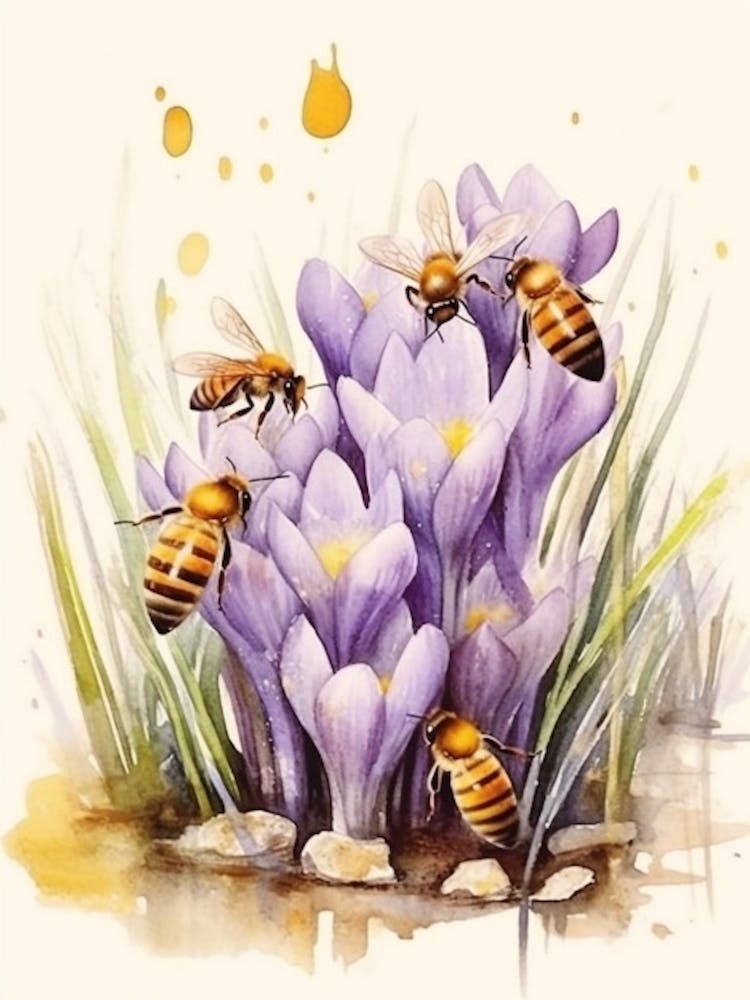 Bienenstock mit Krokusblüten Aquarell Illustration 1