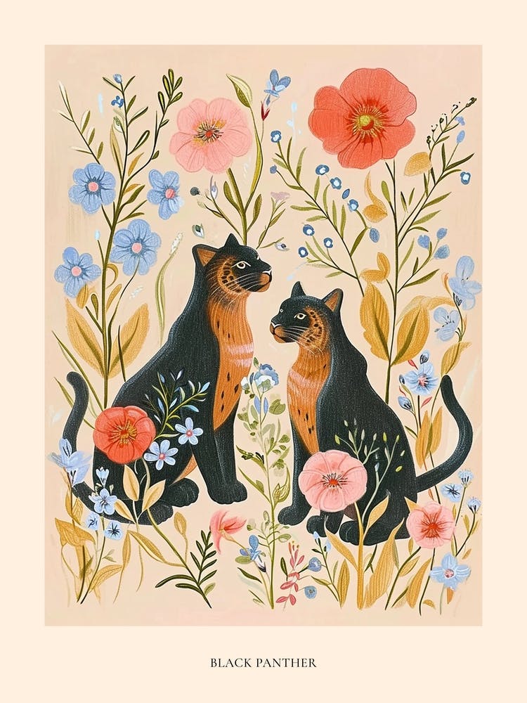 Folksy Floral Animal Drawing Black Panther Poster