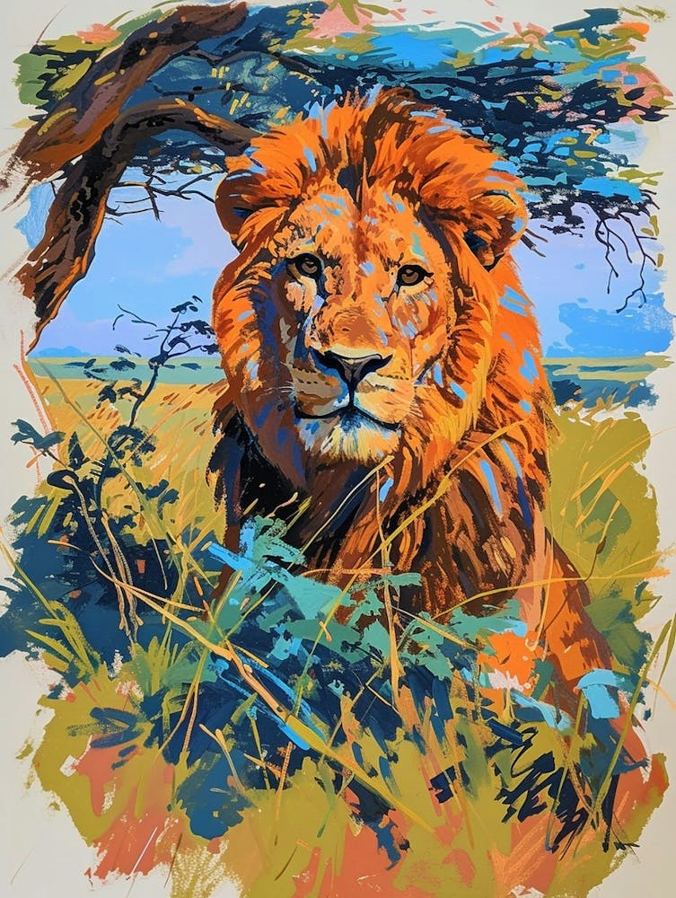 Masai Lion Hunting In The Savannah Fauvist Painting 2