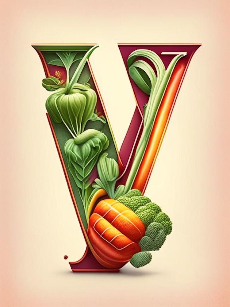 V  For Vegetables, Letter, Alphabet Retro Drawing 4